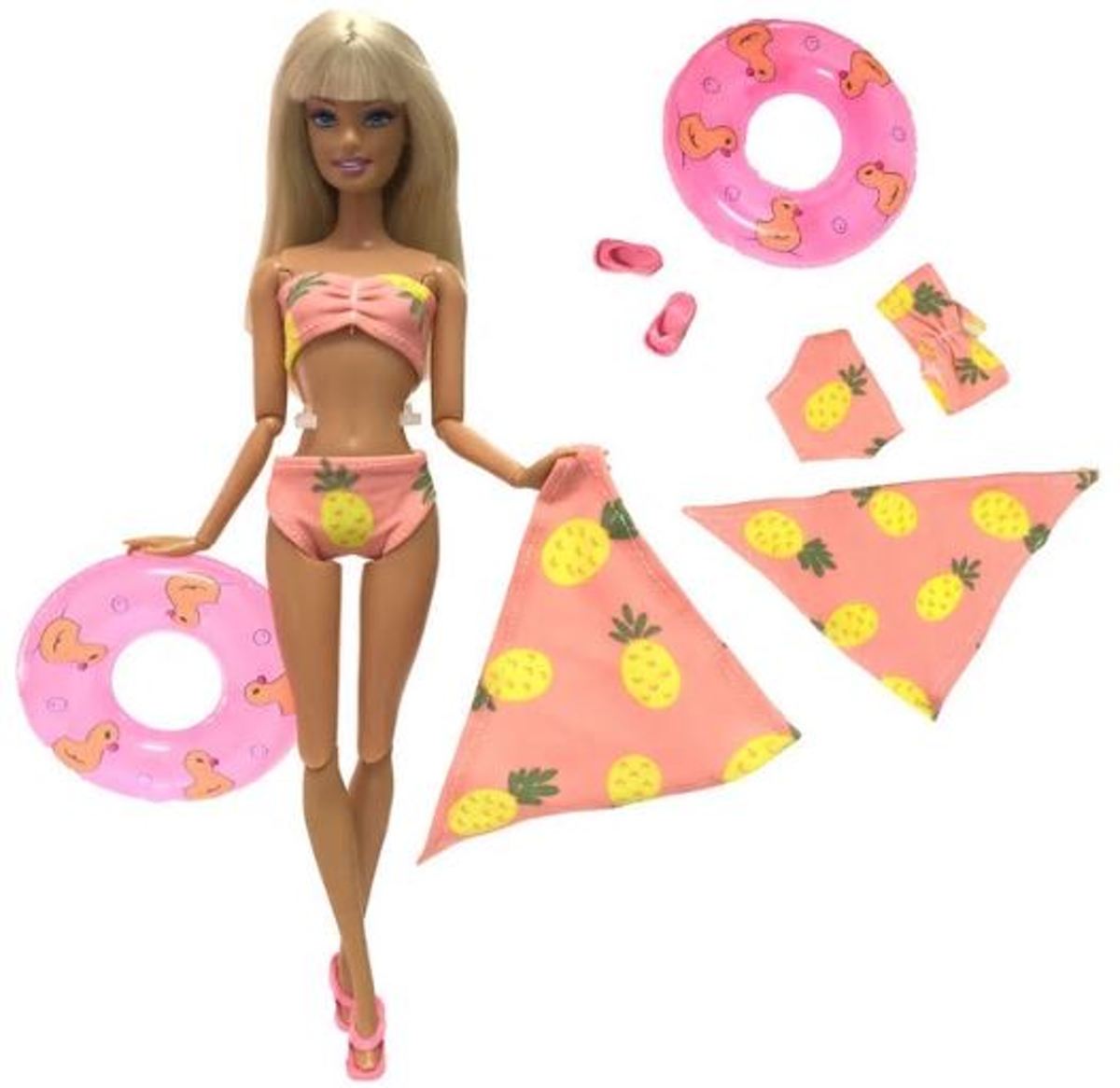 Voor de Pop | De Pineapple Crush Bikini Strand Set voor modepop | Barbie | Zwempak | Badpak | Poppenkleertjes | Poppenkleren | Poppen accessoires set